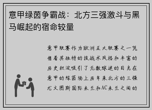 意甲绿茵争霸战：北方三强激斗与黑马崛起的宿命较量